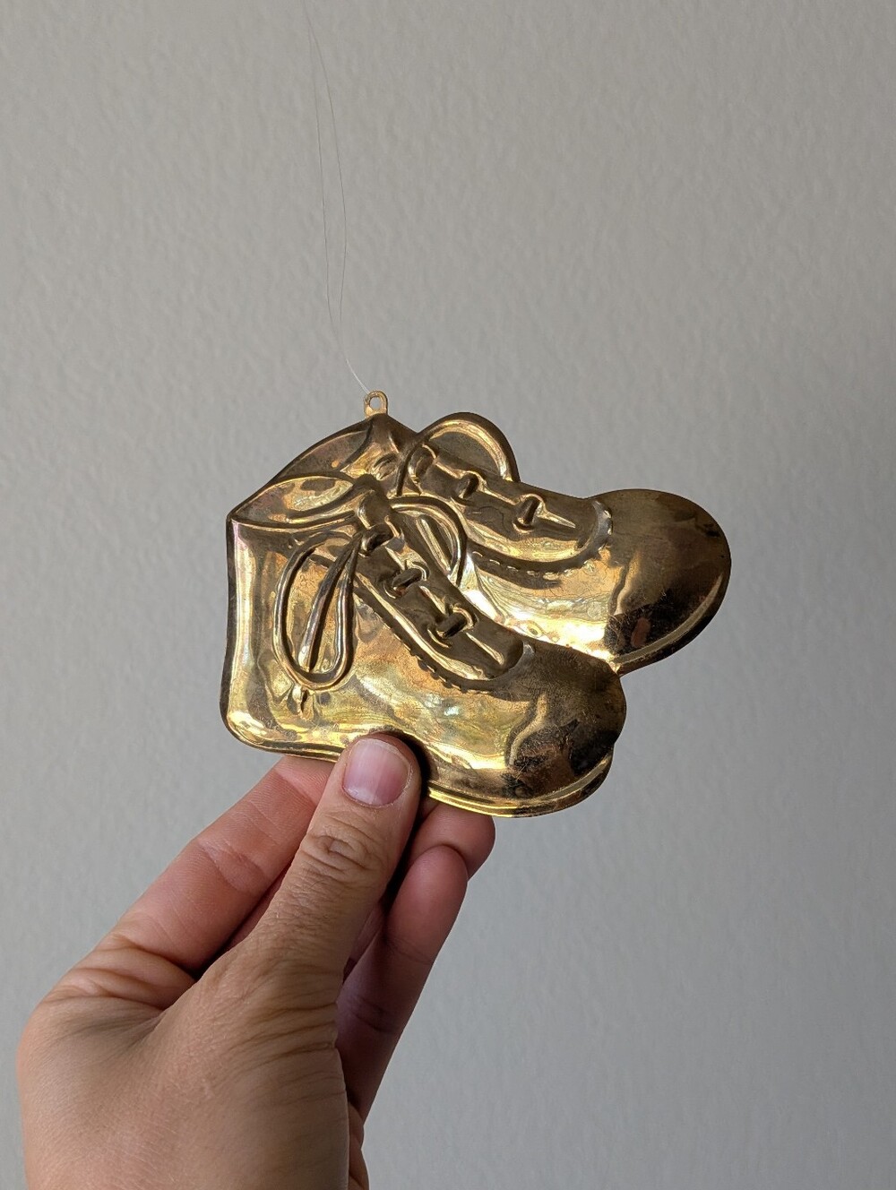Vtg Dept 56 Gold Brass Christmas Ornament Baby Booties "Baby's lst Christmas"